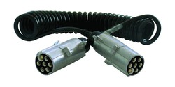 Câble spiralé de 3m à 4,5m en extension maximum pour connexion 24N dans les remorques. Avec connecteurs métalliques incassables à 7 pôles.