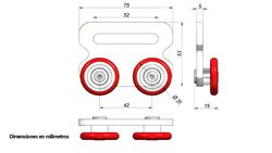 Carrinho de toldo 75 x 53 mm com 2 rodas de nylon