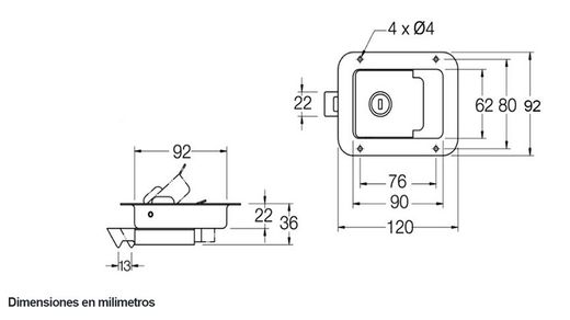 Serrure de tiroir zinguée 120 x 92 mm avec clé