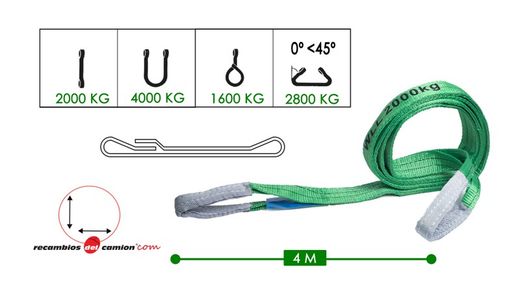 Élingue plate à boucles, levage 2000 kg, 4 mètres