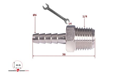 Bocal macho em latão niquelado 1/4 bico gás 6 mm