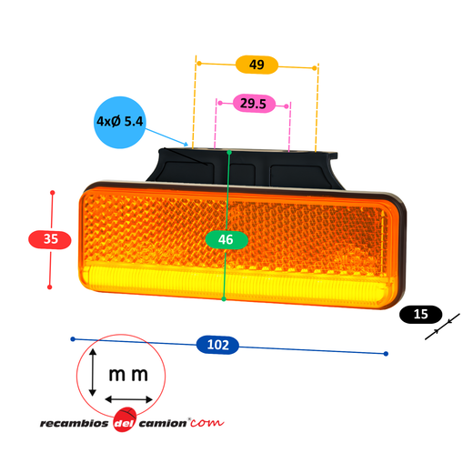 Slim amber neon side marker light with reflector, 90° bracket