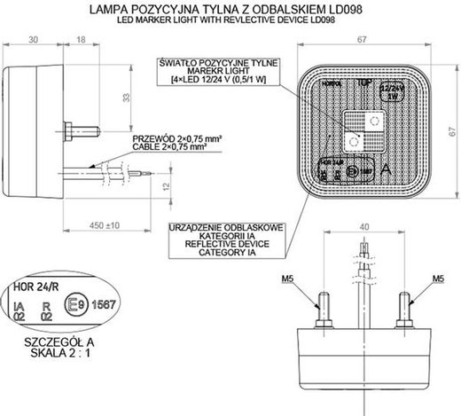 Led light 12/24v square rear Horpol. White marker and reflex