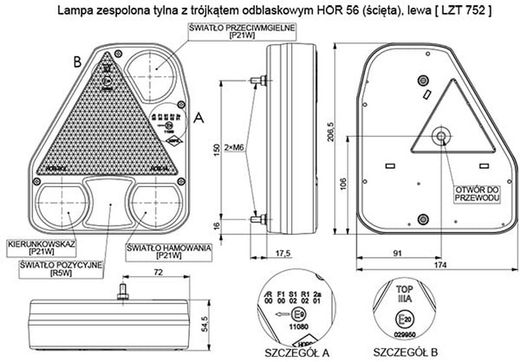 Left rear light (fog function) with triangle for trailer