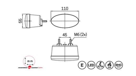 Piloto trasero oval luz marcha atrás 2 Leds Sim