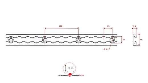 Rectangular load securing rail in black aeronautical aluminium 2m