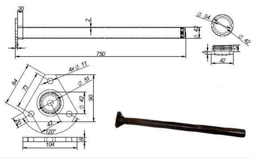 Mudguard support tube Ø42 mm straight 75 cm with plate